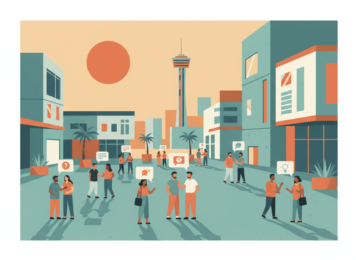 Illustration of neighbors talking in a San Antonio plaza